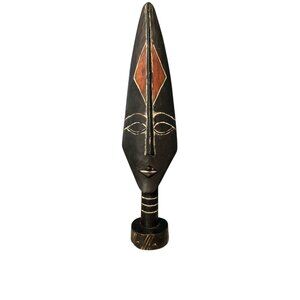 African Ghana Tribal Wood Face Carving Sculpture Handcrafted Decor Vntg Art